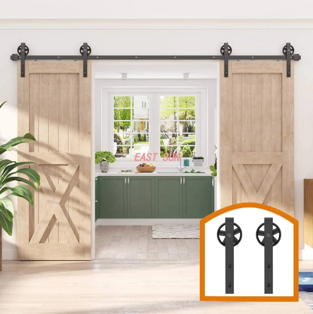 Schiebe-Scheunentor-Hardware-Schienen-Set für Doppeltüren, große Speichenrollen