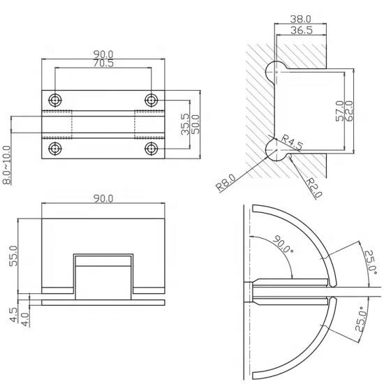 Robustes 90-Grad-H-Typ-Basiswand-zu-Glas-Duschtürscharnier für 1/2″ – 3/8″ Glas,